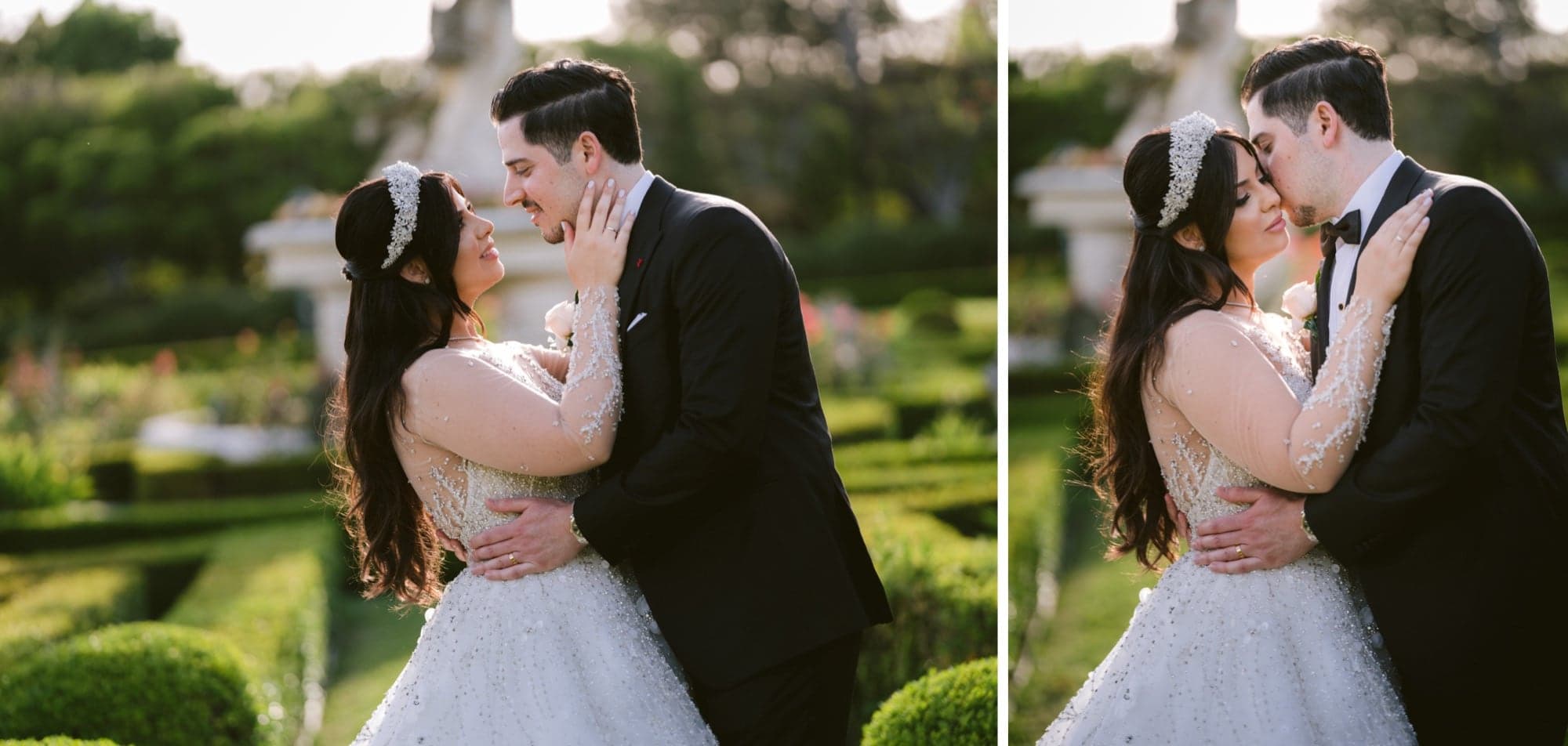 Michelle and Demiel embracing in the Pasadena Princess gardens