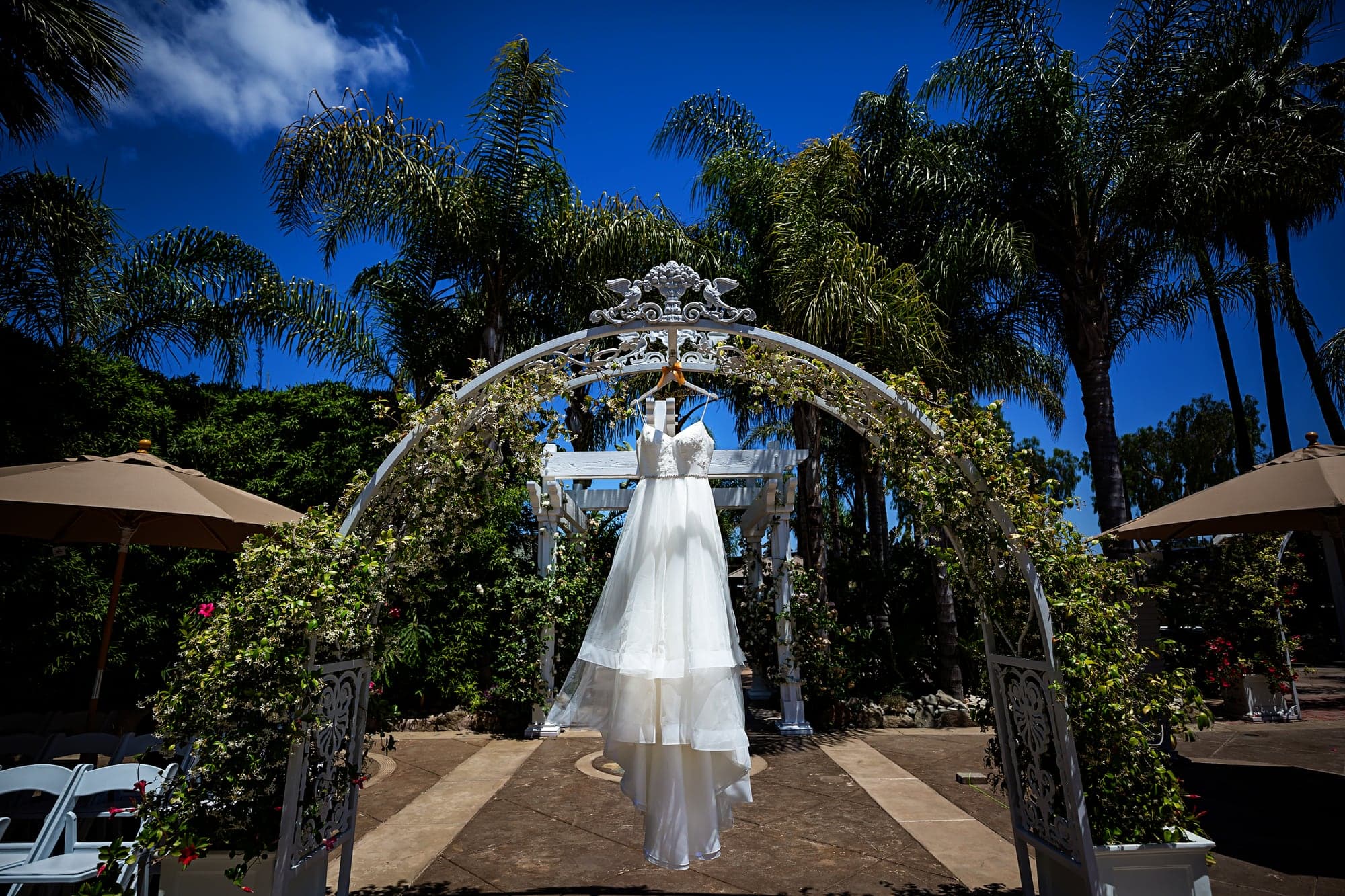 Mary's wedding dress hanging in the garden