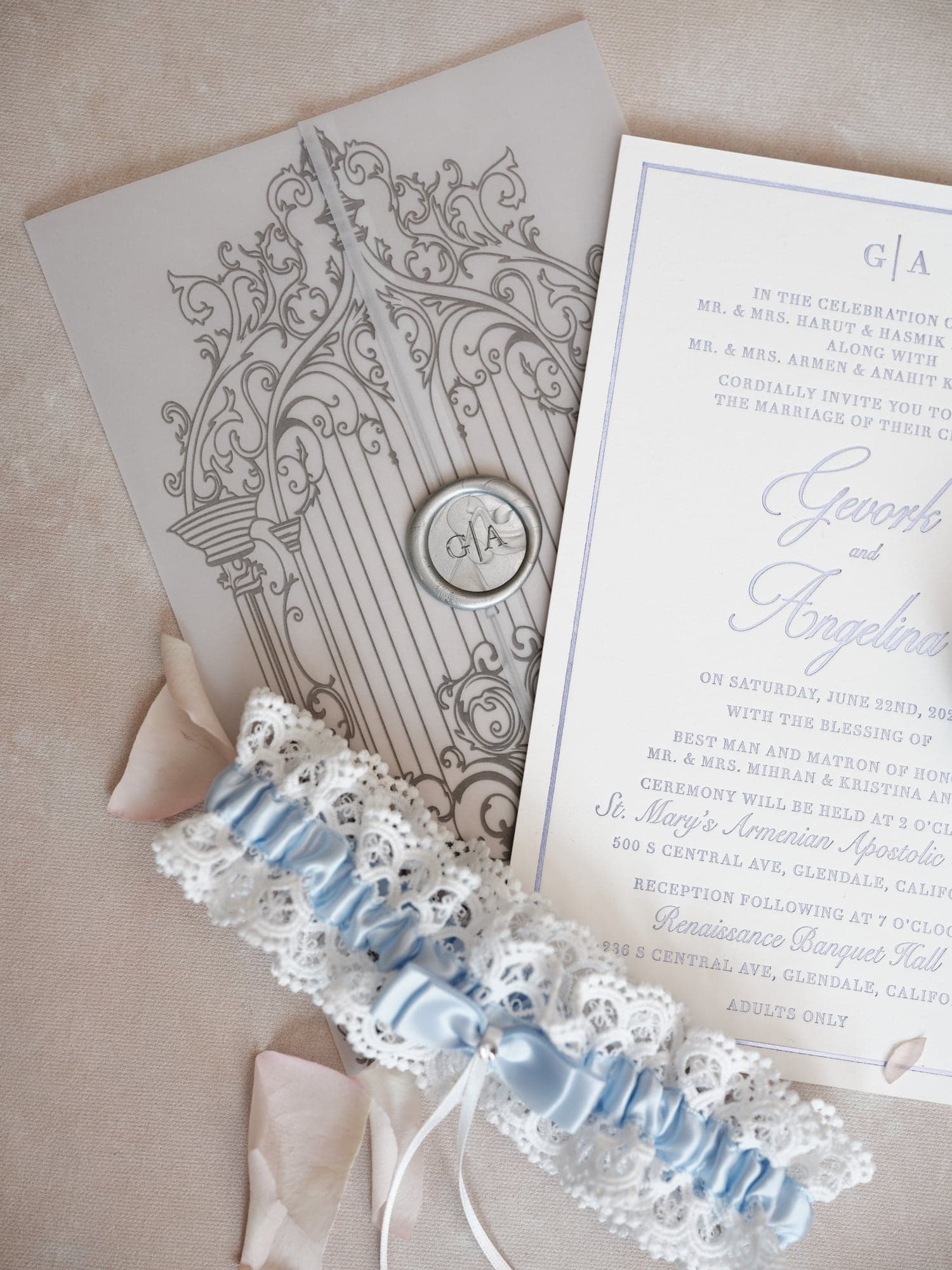 Angelina and Gevork's invitation, shoes, and wedding details