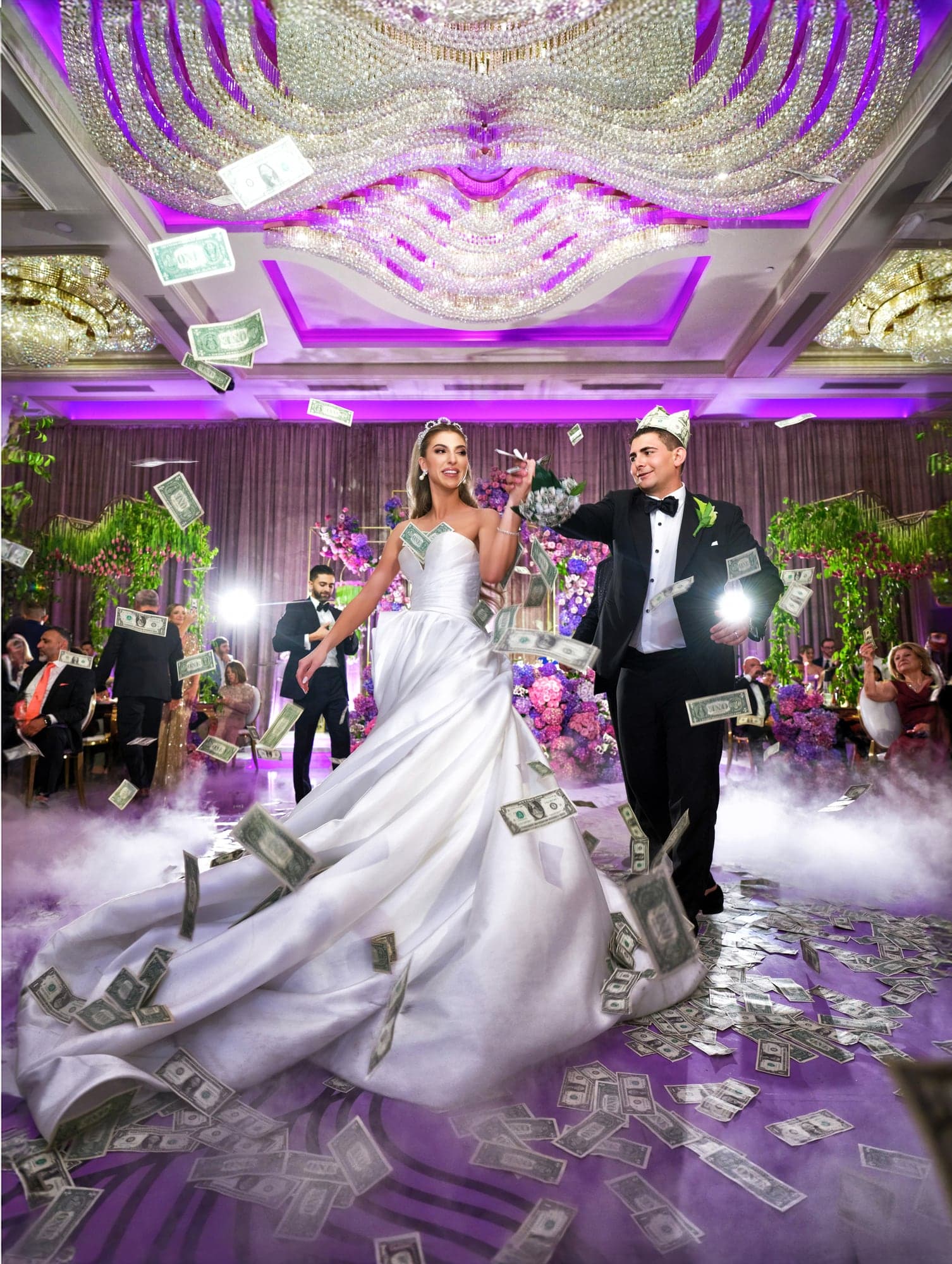 Angelina and Gevork entering their purple-lit wedding reception