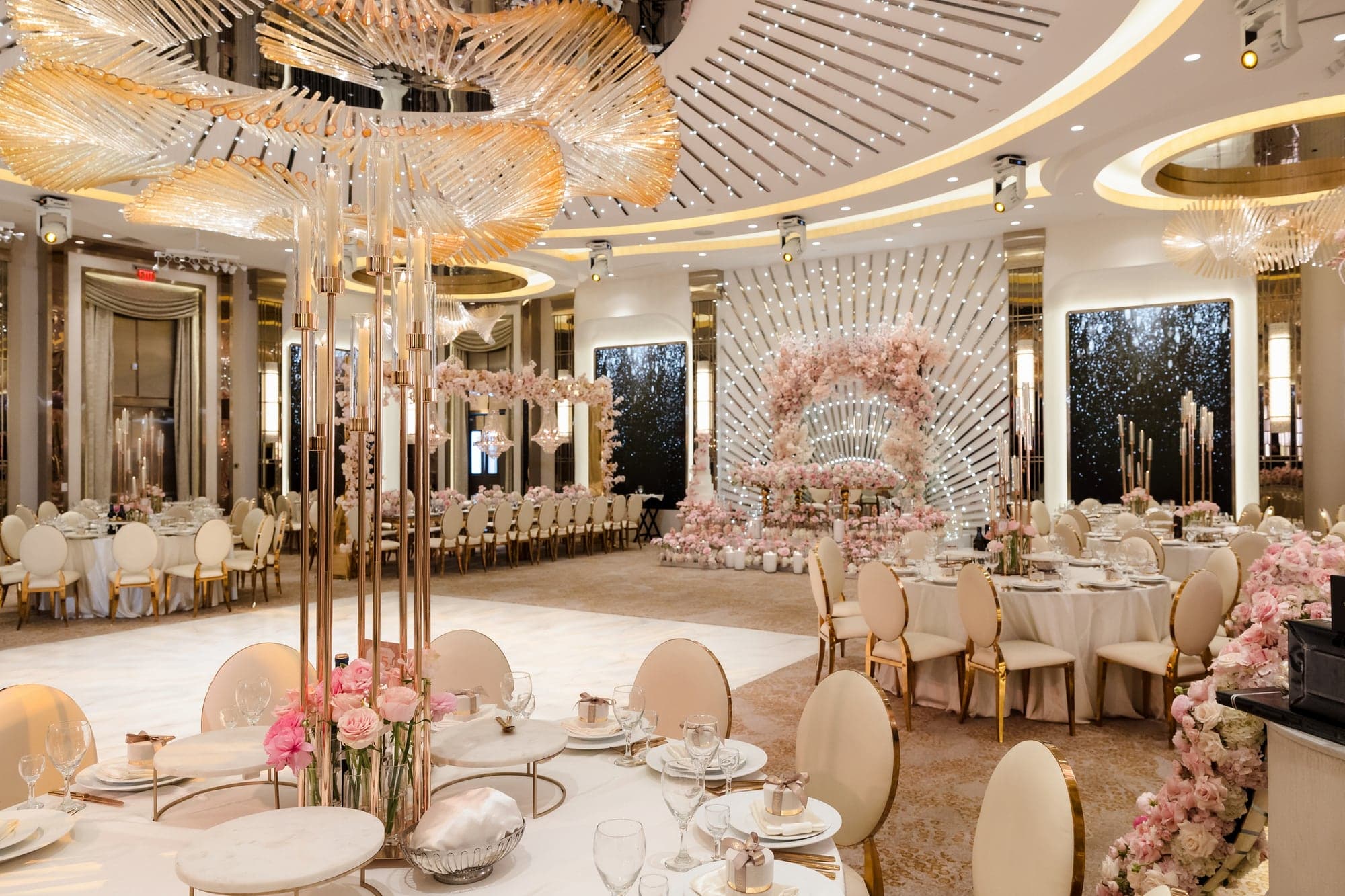 Blush floral installations inside the Republic reception room