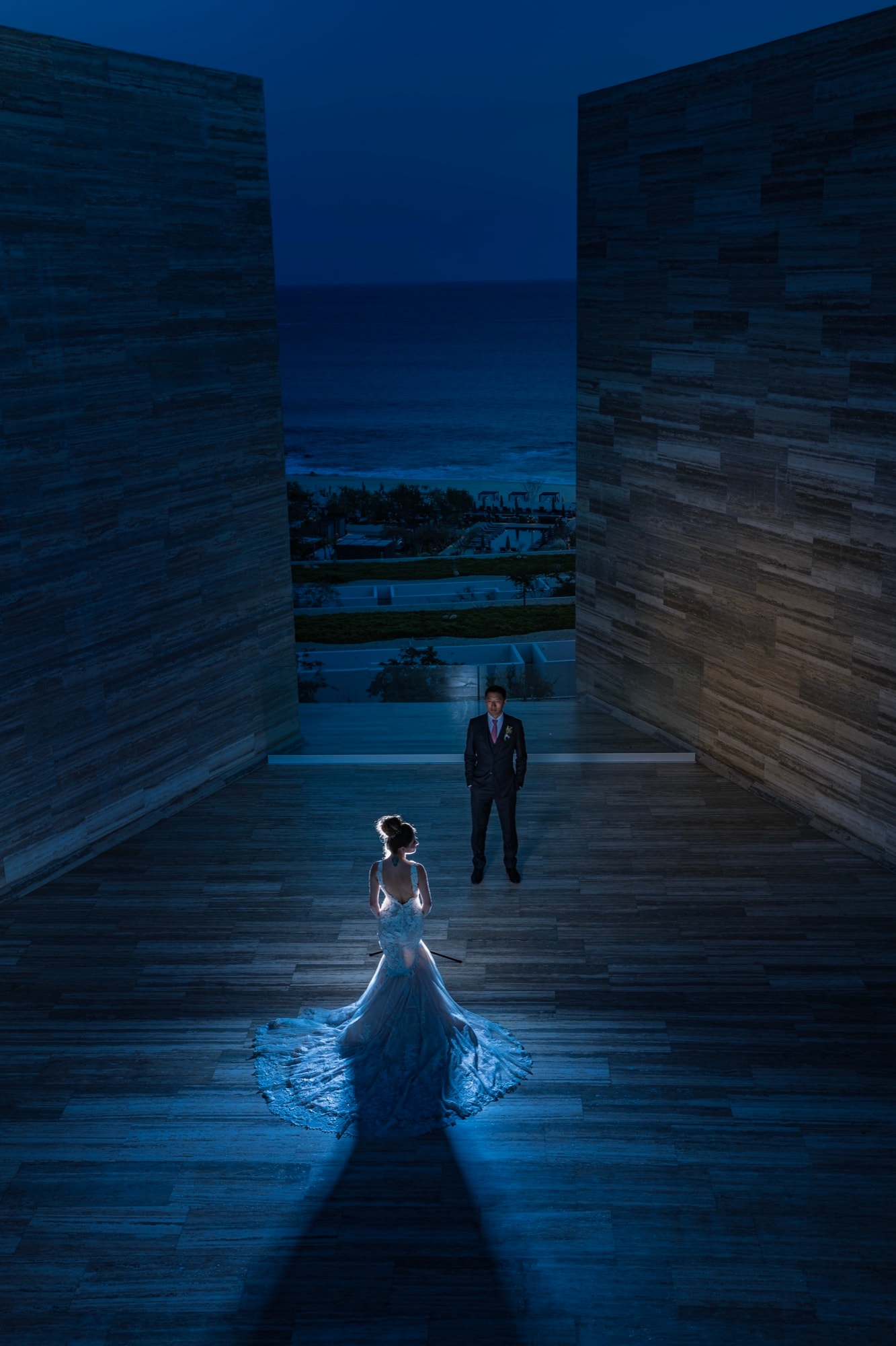 Yana and Jonathan among the illuminated architecture of Solaz, Los Cabos
