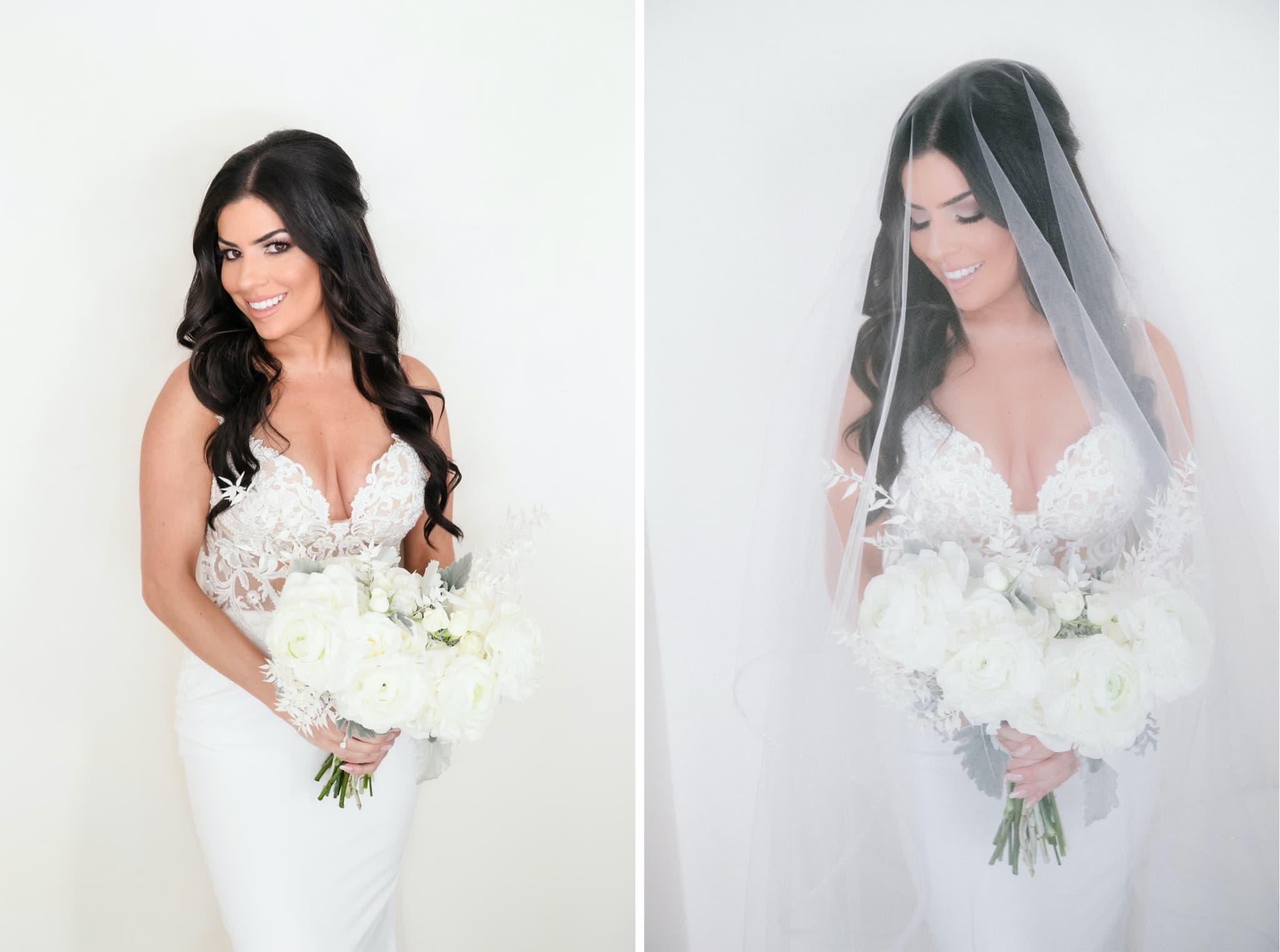 Christina in her fitted lace gown holding an all-white bouquet, shown with and without her veil drawn over her shoulders