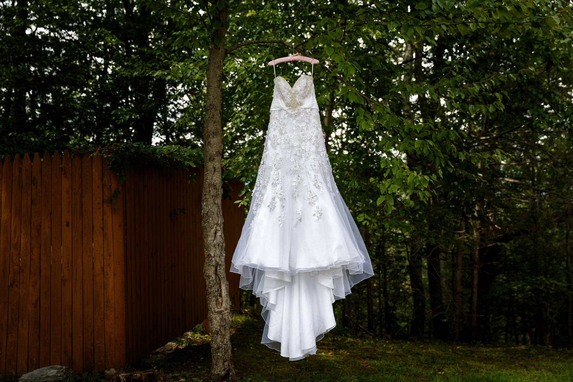 The wedding dress displayed among the trees