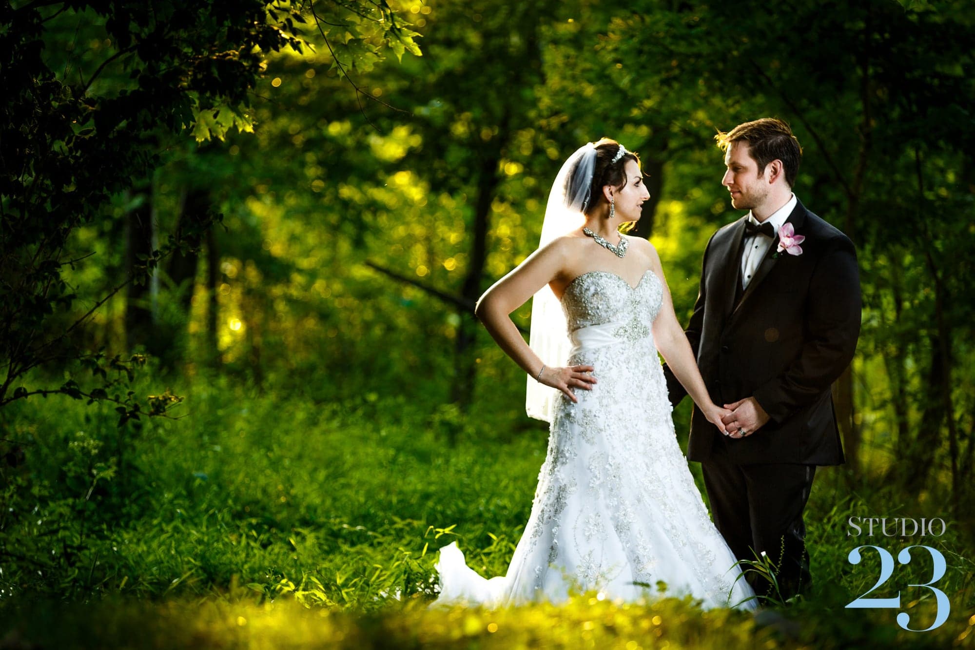 The newlyweds beside the stone garden