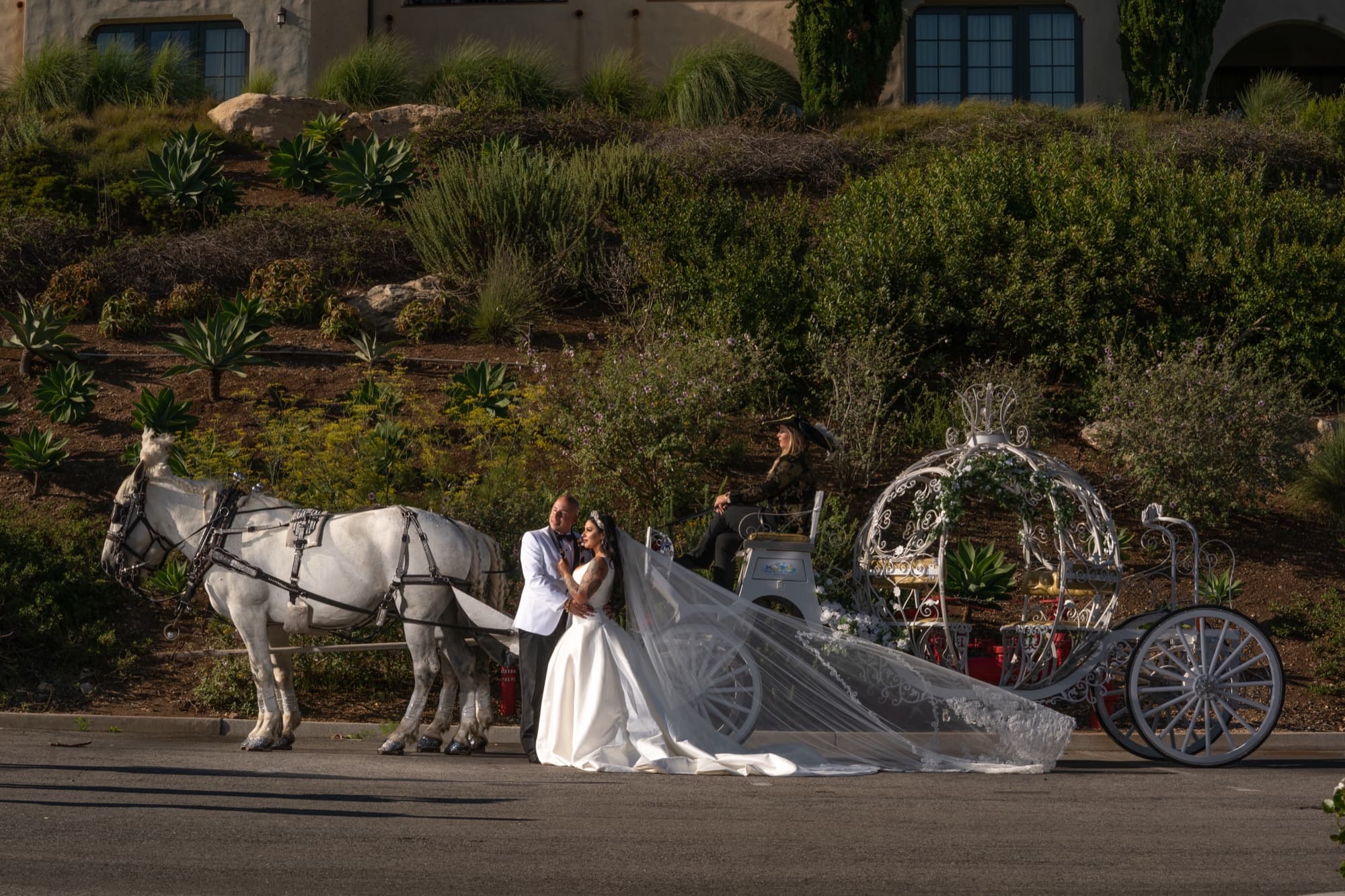 Elise and Luis beside the silver carriage and two white horses on the road above Terranea Resort, her veil trailing behind