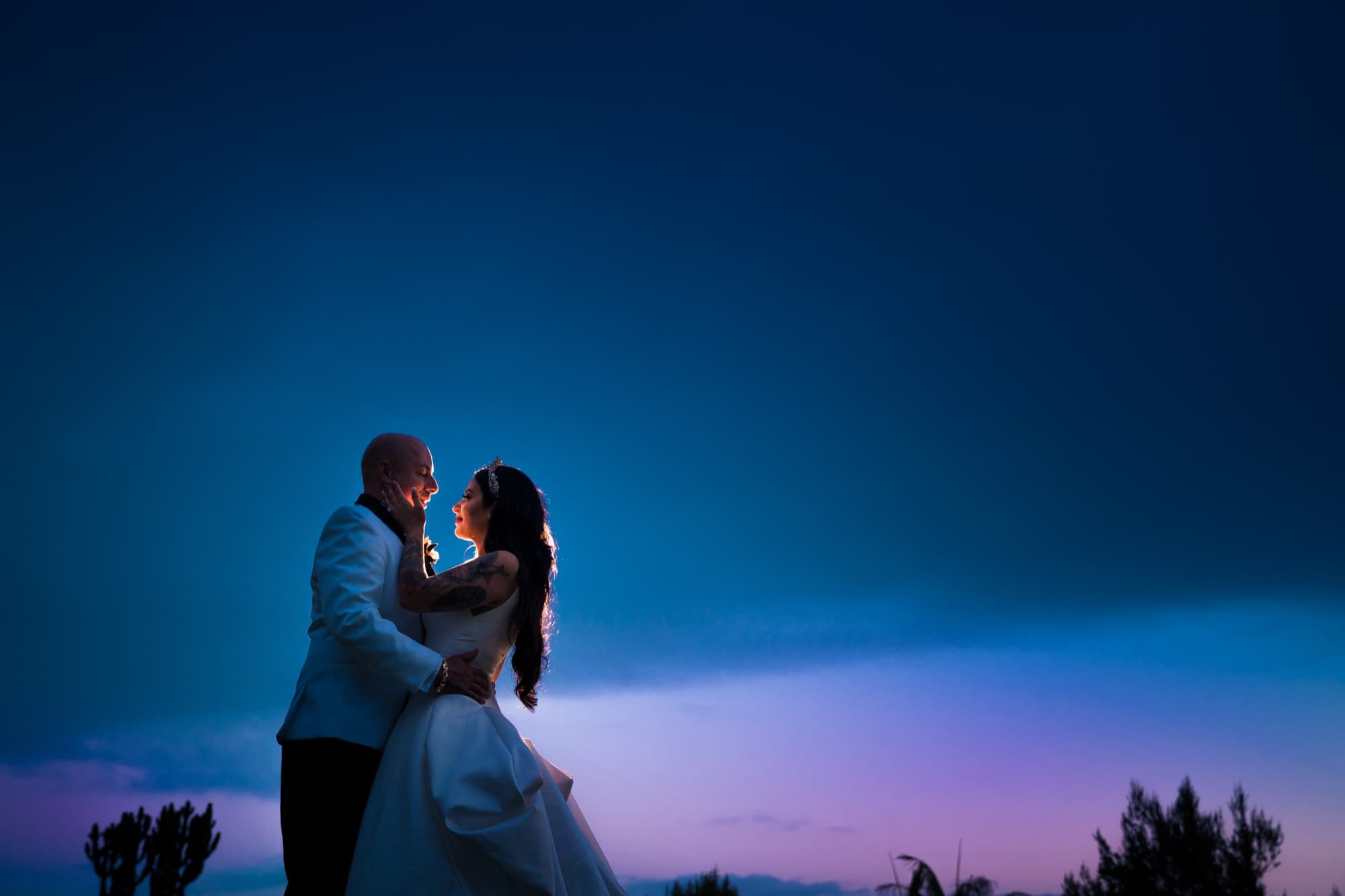 Elise and Luis lit against a violet blue-hour sky on the bluffs after their Terranea wedding ceremony