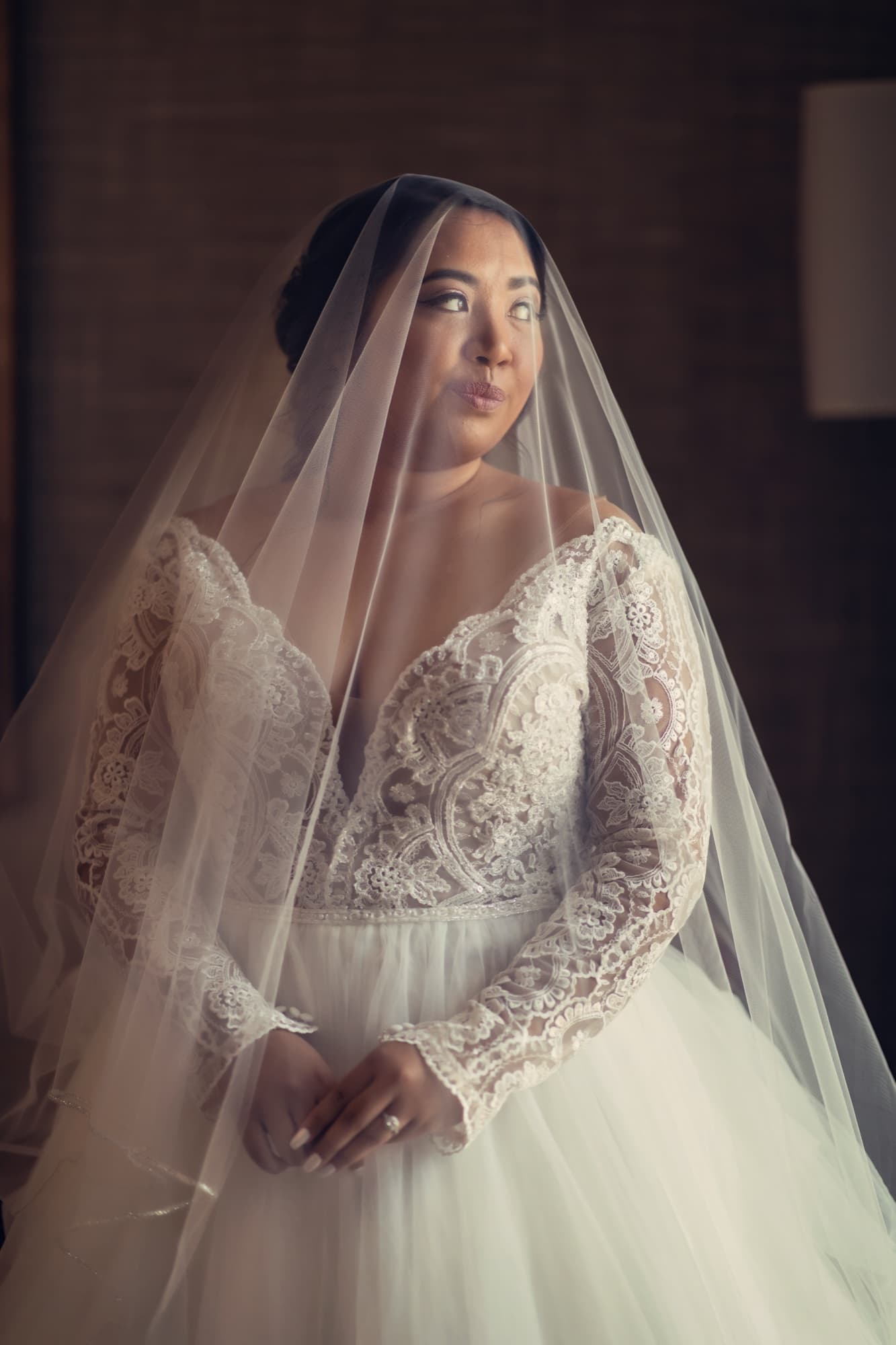 Bridal portrait of Jamie beneath her cathedral veil in a long-sleeve illusion-lace gown, lit softly from the window