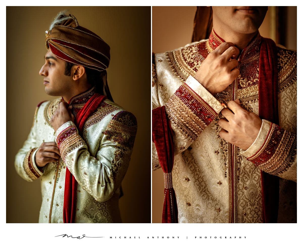 Rishi preparing in embroidered wedding attire