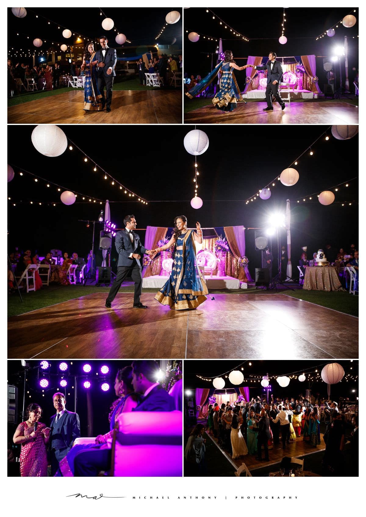 Indian wedding reception under purple lights