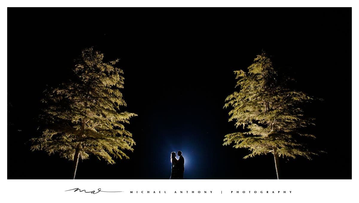 Night portrait of Aneet and Rishi between illuminated trees