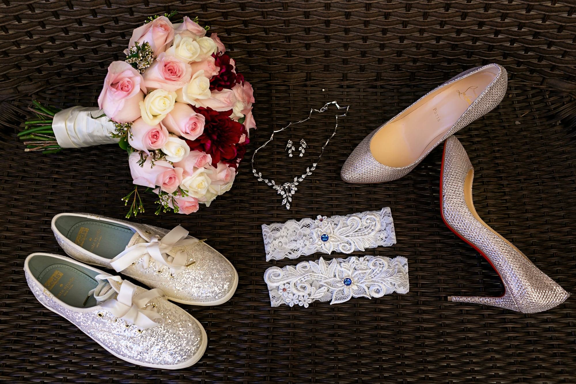 Wedding shoes and blush flowers before the Kaijoka ceremony