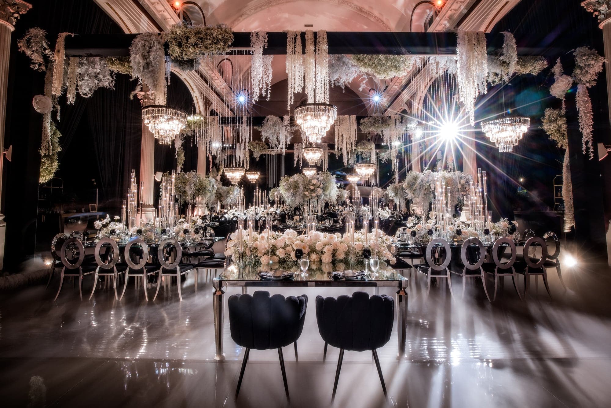 The mirrored and floral reception design prepared inside Vibiana before guests entered