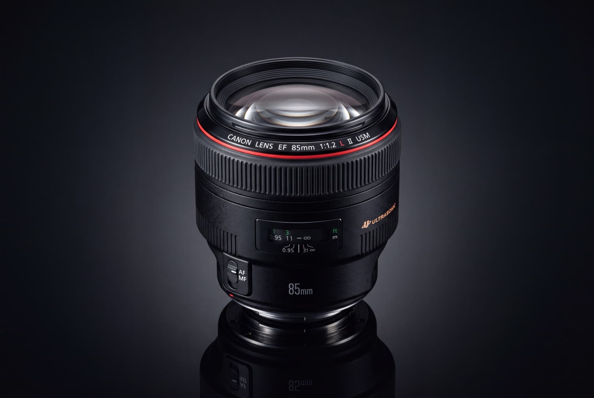 Studio product photo of the Canon EF 85mm f/1.2L II USM prime lens standing upright against a dark charcoal background, red ring and front element facing the camera