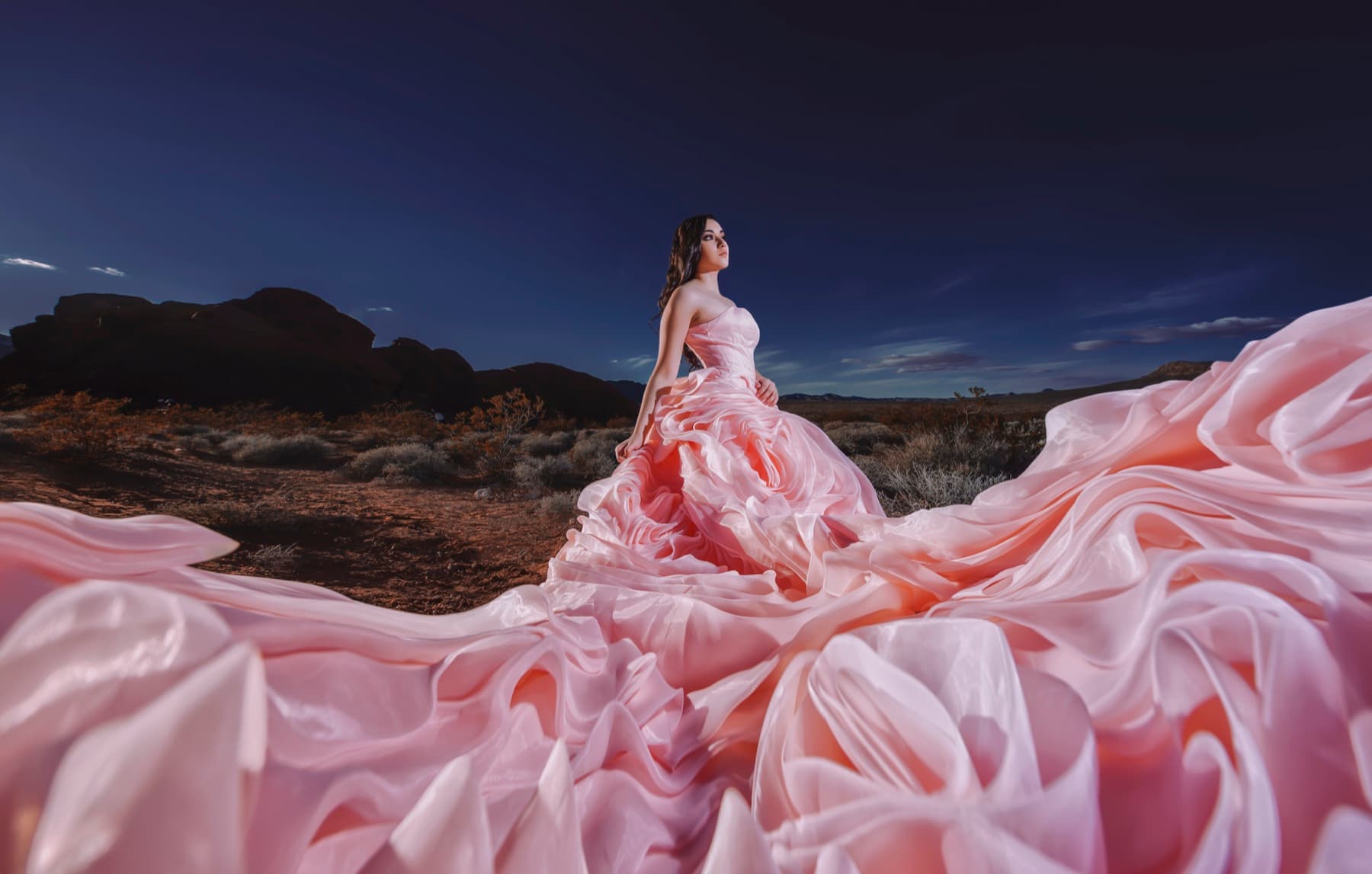 A bride in a flowing pale pink gown that fills the desert valley floor beneath dark mountains, photographed by Michael Anthony