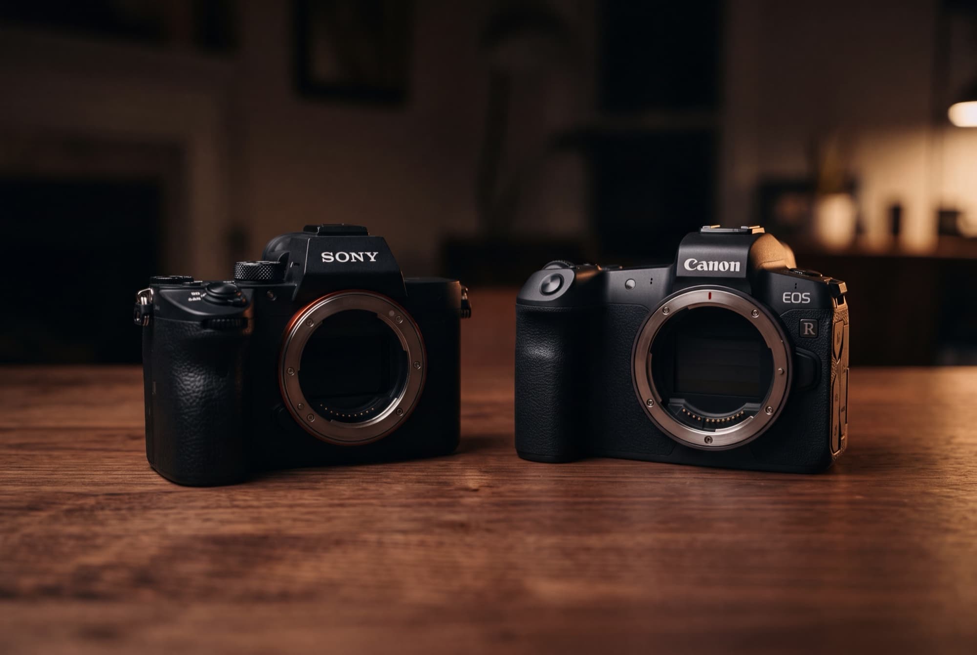 A Sony Alpha mirrorless body and a Canon EOS R mirrorless body sitting side by side on a dark wood table, representing a decision between two camera systems