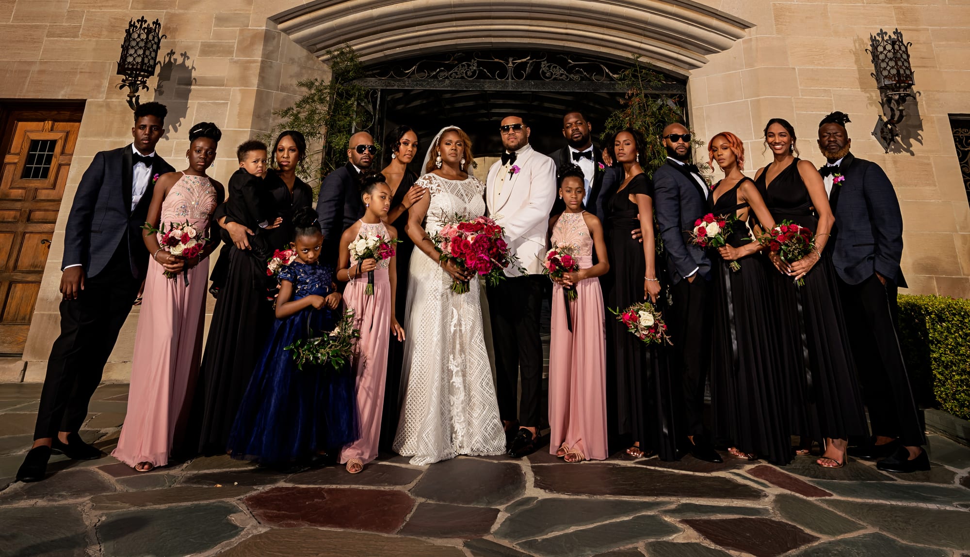 Wedding party at the Tudor entrance of Greystone Mansion, Beverly Hills